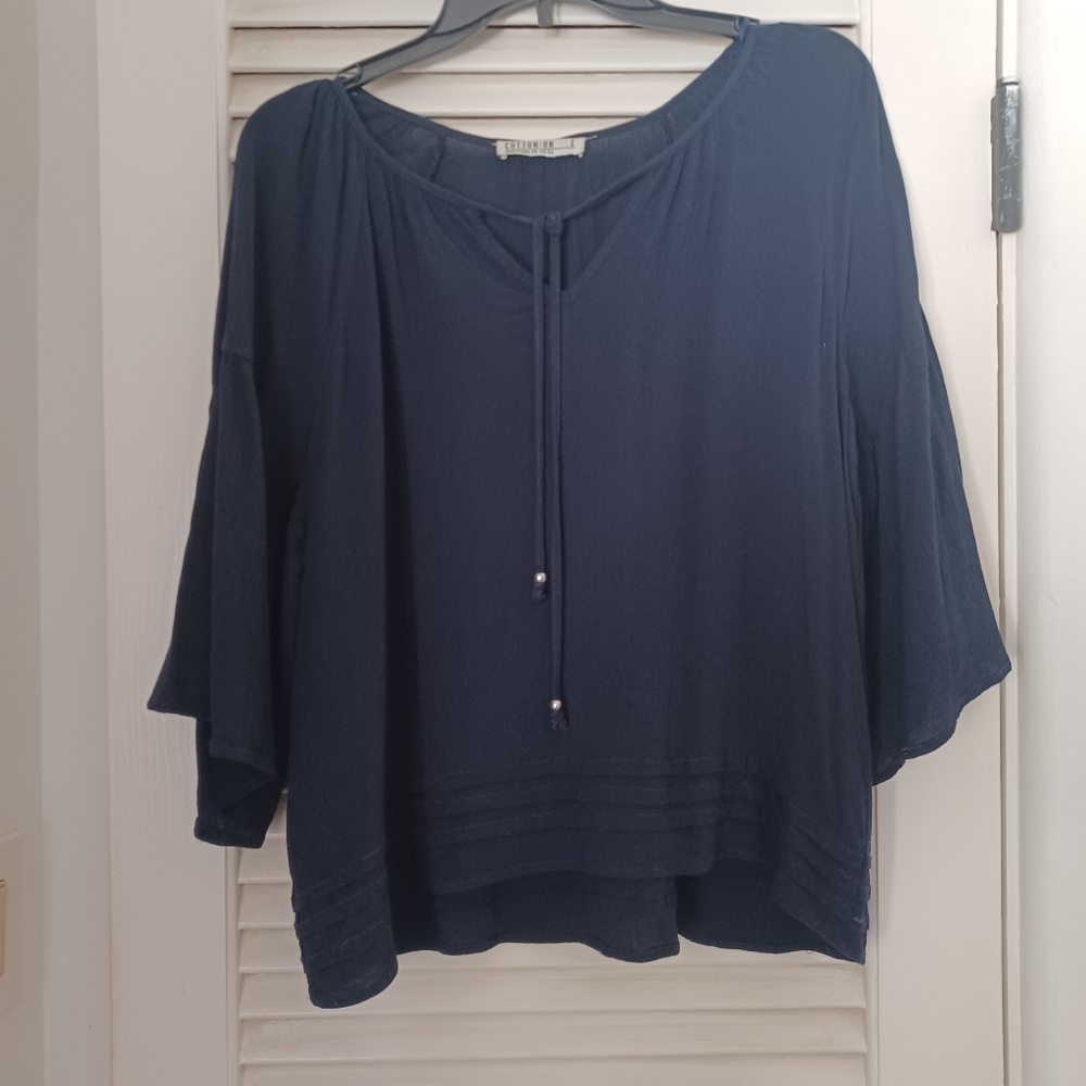 Cotton On Tie Neck Top Boho Hippie romantic Neutral Flutter Sleeve Prairie Blue